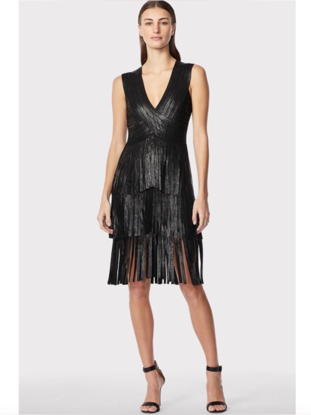Herve Leger Black Tiered Fringe Midi Dress